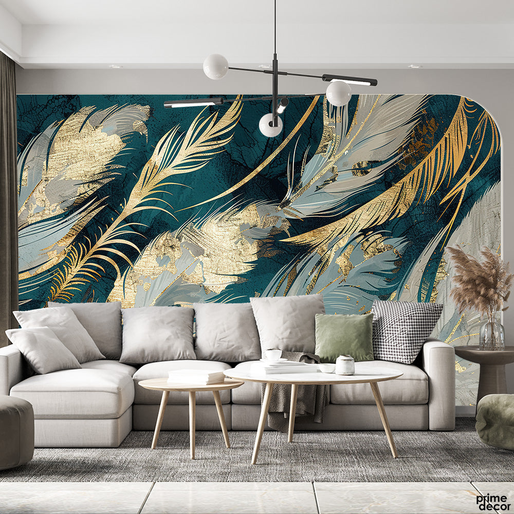 Deep Teal & Golden Macro Feathers Design | Abstract Wallpaper Mural - Prime Décor