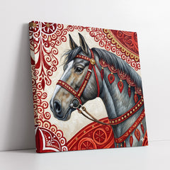 Grey Horse With Red Ornamental Bridle On Patterned Background (Single Panel) Digital Painting Wall Art