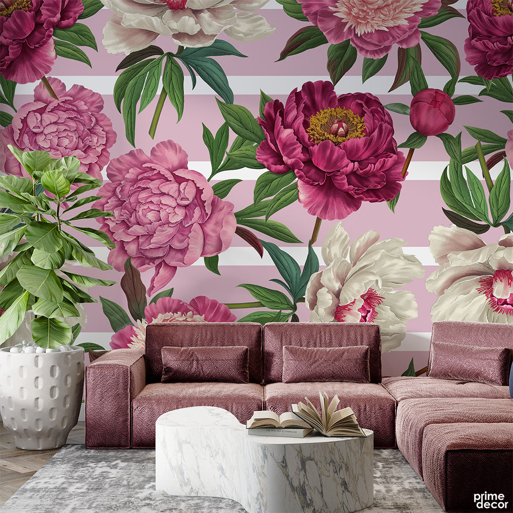 Raspberry Rose Flowers With Pink Stripes Background | Floral Wallpaper Mural - Prime Décor