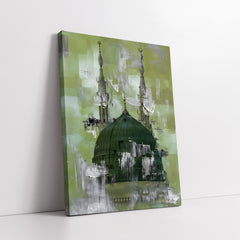 Masjid Nabawi On Green Strokes Background Knife Work (Single Panel) Digital Painting Wall Art