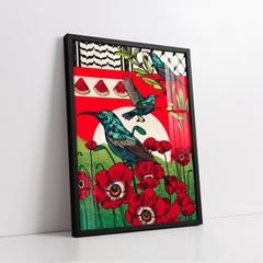 Symbols of Resistance Teal SunbirdGeometric Folk Art Patterns (Single Panel) Digital Painting Wall Art