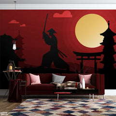 Samurai Silhouette On Red Sunset | Japanese Wallpaper Mural - Prime Décor