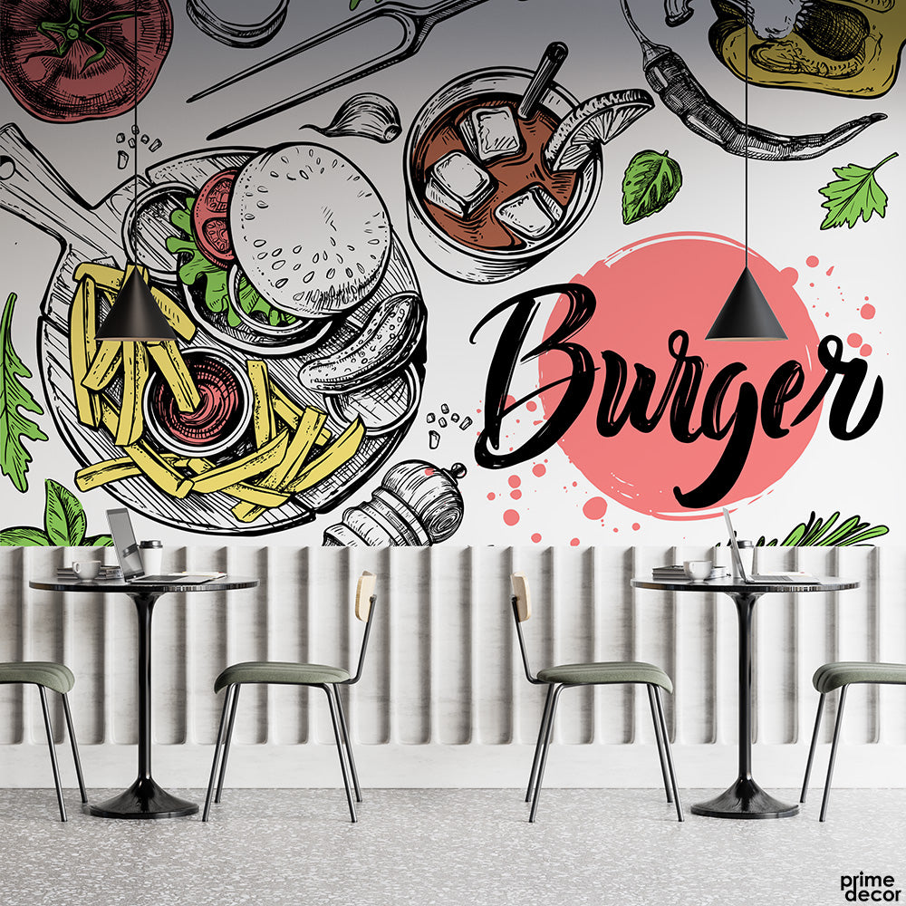 Burger & Fries With Corel Pink Blob | Restaurant Wallpaper Mural - Prime Décor