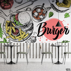 Burger & Fries With Corel Pink Blob | Restaurant Wallpaper Mural - Prime Décor