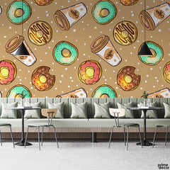 Coffee & Donuts On Dark Beige Background | Cafe Wallpaper Mural - Prime Décor