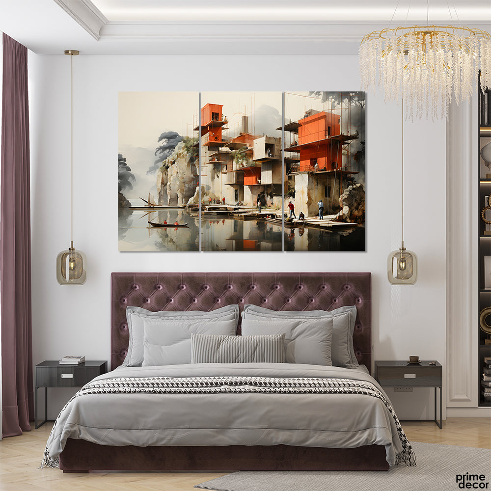 Fantasy Floating City Orange Abstract Style Strokes (3 Panel) Digital Painting Wall Art - Prime Décor