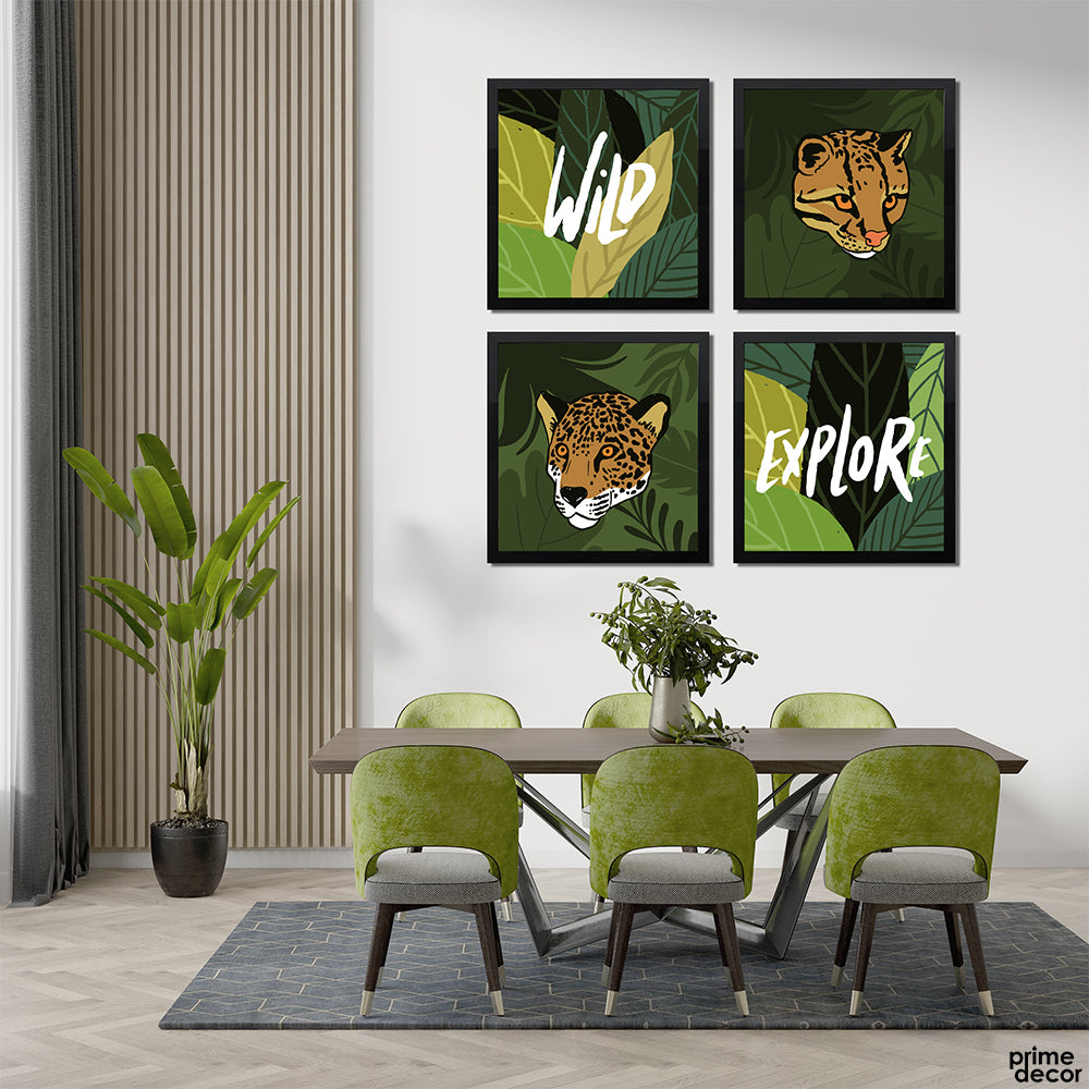 Explore Wild Exotic Cheetah With Tropical Leaves (4 Panel) Nature Wall Art - Prime Décor