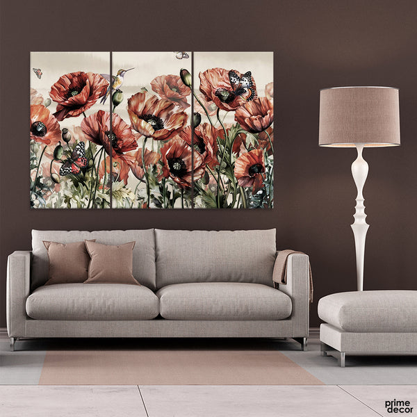 Abstract Black & Red Flowers With White Background (3 Panel) Floral Wall Art - Prime Décor