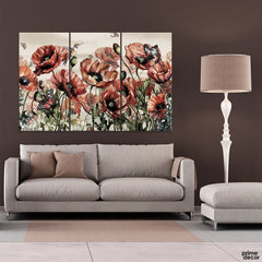 Abstract Black & Red Flowers With White Background (3 Panel) Floral Wall Art - Prime Décor
