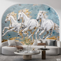 Galloping Steeds With Gold Leaf Accents & Textured Icy Blue Background | Opulent Animal Wallpaper Mural