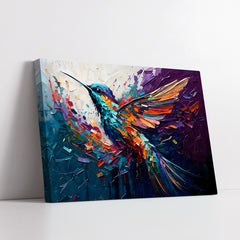 Impasto Style Hummingbird with Bold Teal & Purple Splatters (Single Panel) Digital Painting Wall Art