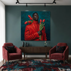 High-Fashion Black Male Portrait with Vibrant Red Tulips (Single Panel) Digital Painting Wall Art