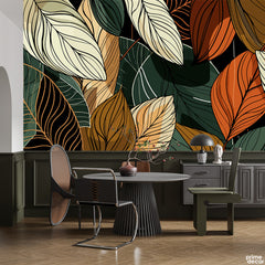 Orange Green & Beige Leaves In Teal Colors | Floral Wallpaper Mural - Prime Décor