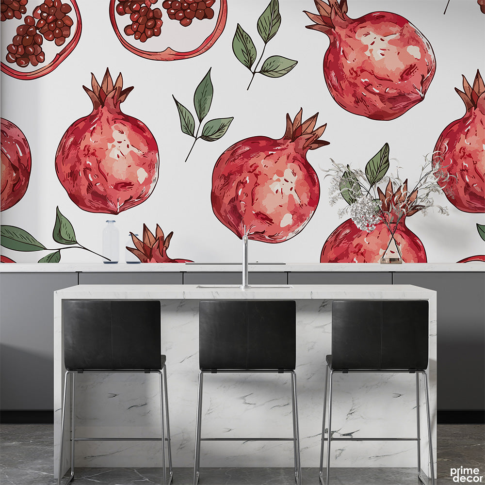 Exotic Watercolor Pomegranates On White Background | Floral Wallpaper Mural - Prime Décor
