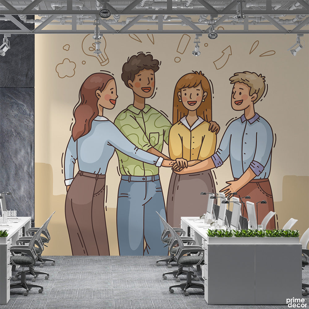 Team Shaking Hands Illustration On Beige Background | Office Wallpaper Mural - Prime Décor