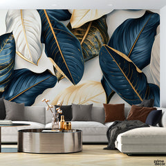 Denim Blue & White 3D Style Leaves | Floral Wallpaper Mural - Prime Décor