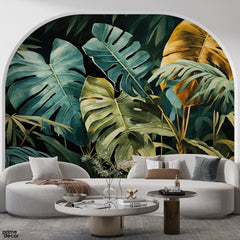 Abstract Green & Gold Exotic Leaves | Nature Wallpaper Mural