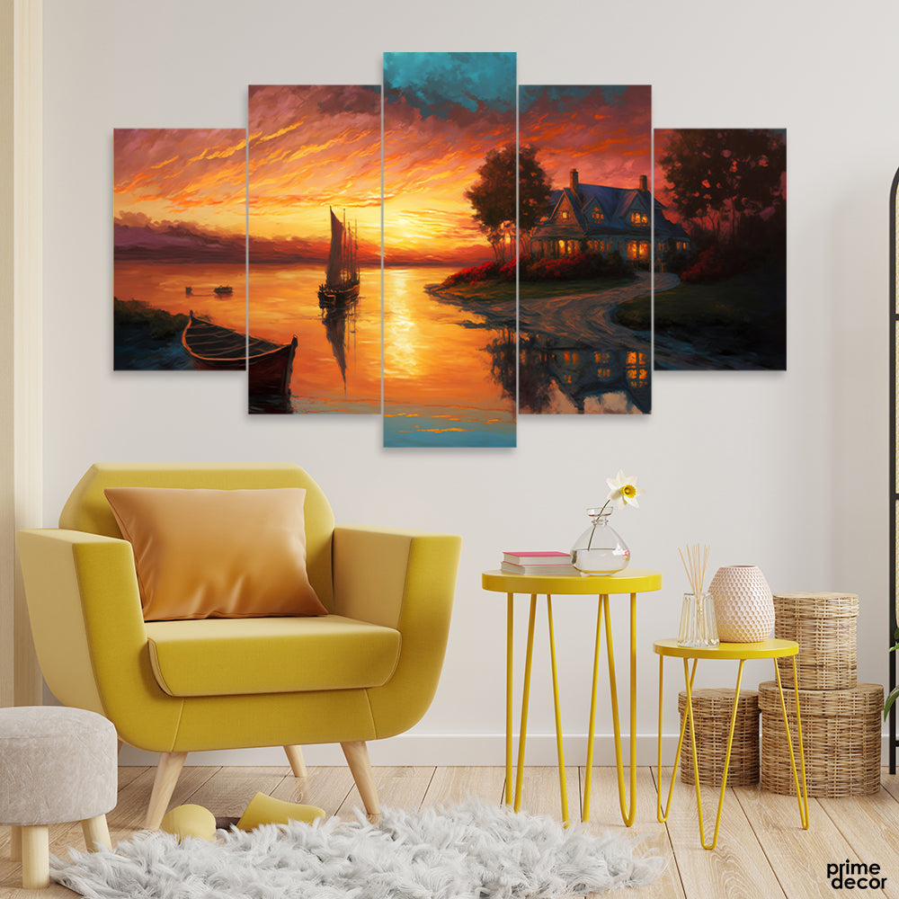 Beautiful Lake View House With Boats (5 Panel) Nature Wall Art - Prime Décor