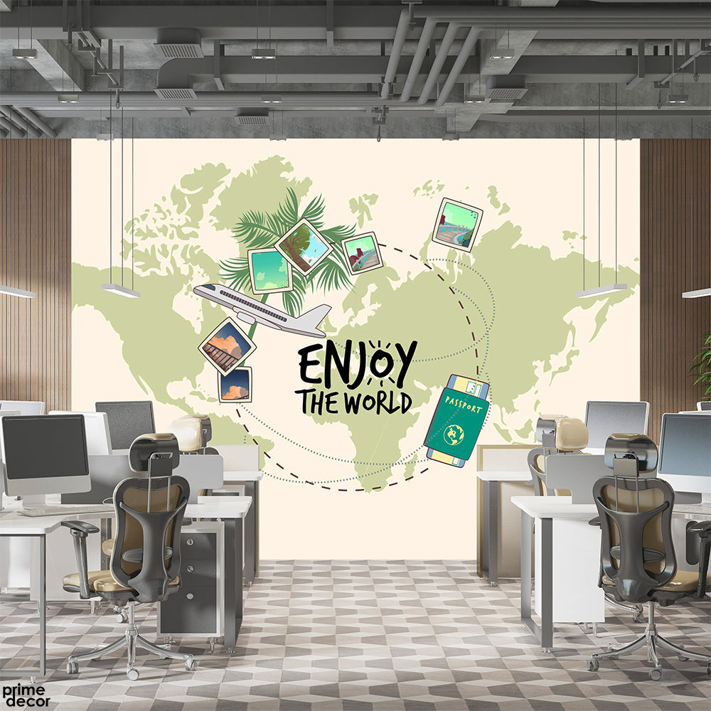 Enjoy The World Beryl Green World Map | Office Wallpaper Mural - Prime Décor