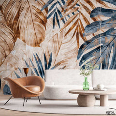 Abstract Beautiful Blue & Brown Exotic Leaves Artwork | Floral Wallpaper Mural