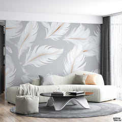 White Feathers On Quill Grey Background | Wallpaper Mural