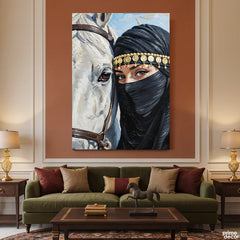 Bedouin Woman In Niqab With White Arabian Horse Impasto Style (Single Panel) Digital Painting Wall Art