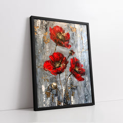 Red Poppy Flowers With Gold Accents Abstract Impasto Style (Single Panel) Digital Painting Wall Art