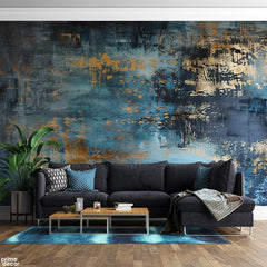 Metallic Blue & Golden Grunge Paint Strokes | Abstract Wallpaper Mural