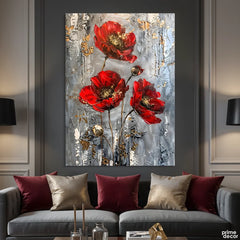 Red Poppy Flowers With Gold Accents Abstract Impasto Style (Single Panel) Digital Painting Wall Art
