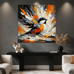 Abstract Songbird With Vibrant Orange And White Splatters Impasto Style (Single Panel) Digital Painting Wall Art
