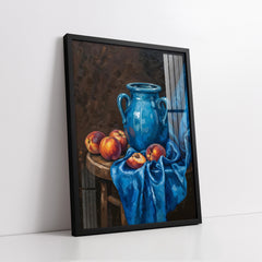 Blue Ceramic Vase & Peaches Classic Still Life Impasto Style (Single Panel) Digital Painting Wall Art