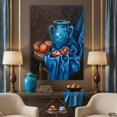 Blue Ceramic Vase & Peaches Classic Still Life Impasto Style (Single Panel) Digital Painting Wall Art