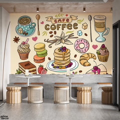 Pancakes & Coffee Hand Drawn Bakery Illustrations | Cafe Wallpaper Mural
