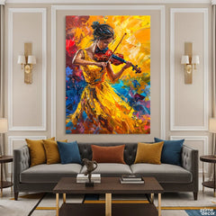 Vibrant Female Violinist In Yellow Dress Impasto Style (Single Panel) Digital Painting Wall Art