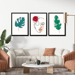 Leaves And Face Line Art With Minimal Colors (3 Panel) Nordic Wall Art - Prime Décor