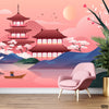 Light Carmine Pink Chinese Huts Pagoda With River Flowing | Nature Wallpaper Mural