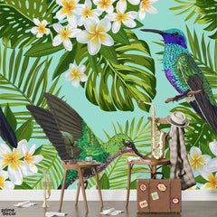 Vibrant Hummingbirds & Plumeria Flowers With Aqua Blue Background | Tropical Wallpaper Mural