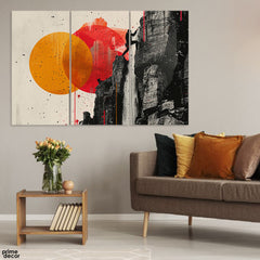 Orange & Red Moon Over Black Mountains Abstract Artwork (3 Panel) Abstract Wall Art