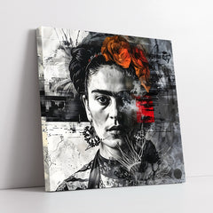 Modern Frida Kahlo Portrait With Orange Floral Crown Abstract Mixed Media (Single Panel) Digital Painting Wall Art