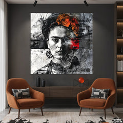 Modern Frida Kahlo Portrait With Orange Floral Crown Abstract Mixed Media (Single Panel) Digital Painting Wall Art