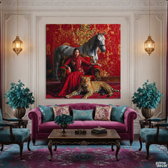 Royal Empress with White Stallion & Leopard in Red Velvet Room (Single Panel) Digital Painting Wall Art