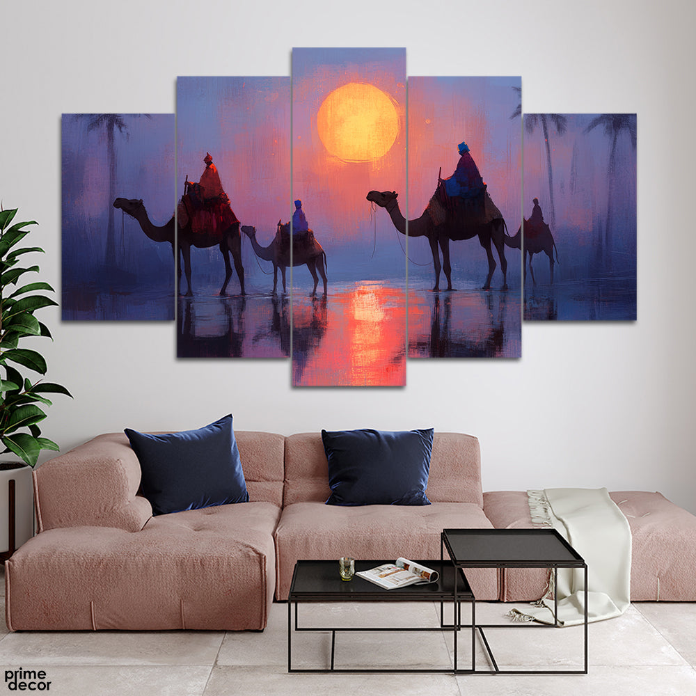 Beautiful Sunset View Of A Beach With Camels (5 Panel) Nature Wall Art - Prime Décor