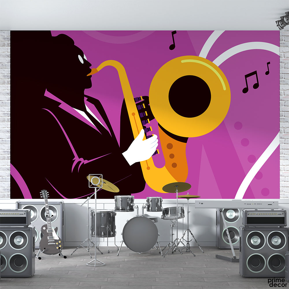 Silhouette Man Blowing Musical Trumpet | Music Wallpaper Mural - Prime Décor