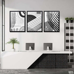 Abstract Random Geometric B&W Lines (3 Panel) Office Wall Art - Prime Décor