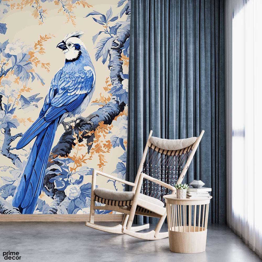 Beautiful Blue & White Nature Artwork Over Beige Background | Floral Wallpaper Mural