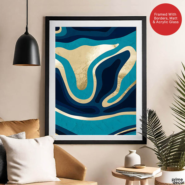 Blue & Gold Abstract Art Over Green Background | Abstract Office Artwork #00388 - Prime Décor