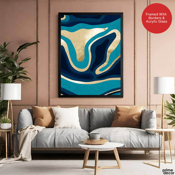 Blue & Gold Abstract Art Over Green Background | Abstract Office Artwork #00388 - Prime Décor