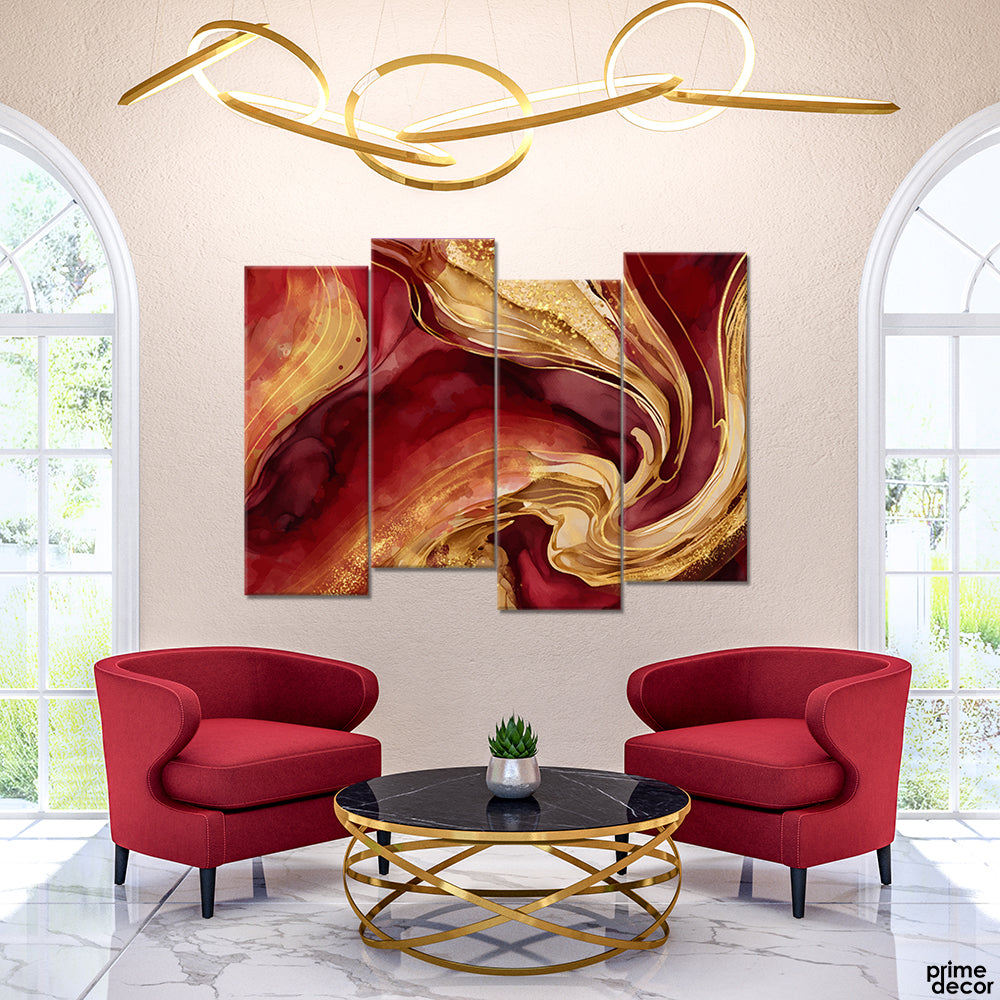 Rosewood & Golden Fluid Splash (4 Panel) Abstract Wall Art - Prime Décor
