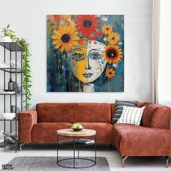 Abstract Women Face Artwork With Sunflowers (Single Panel) Fashion Square Wall Art