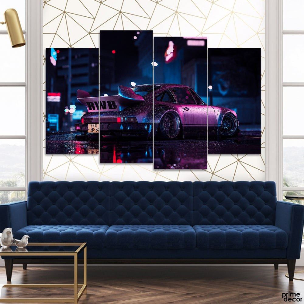 Beautiful Purple Car In A Rainy Night (4 Panel) Car Wall Art - Prime Décor